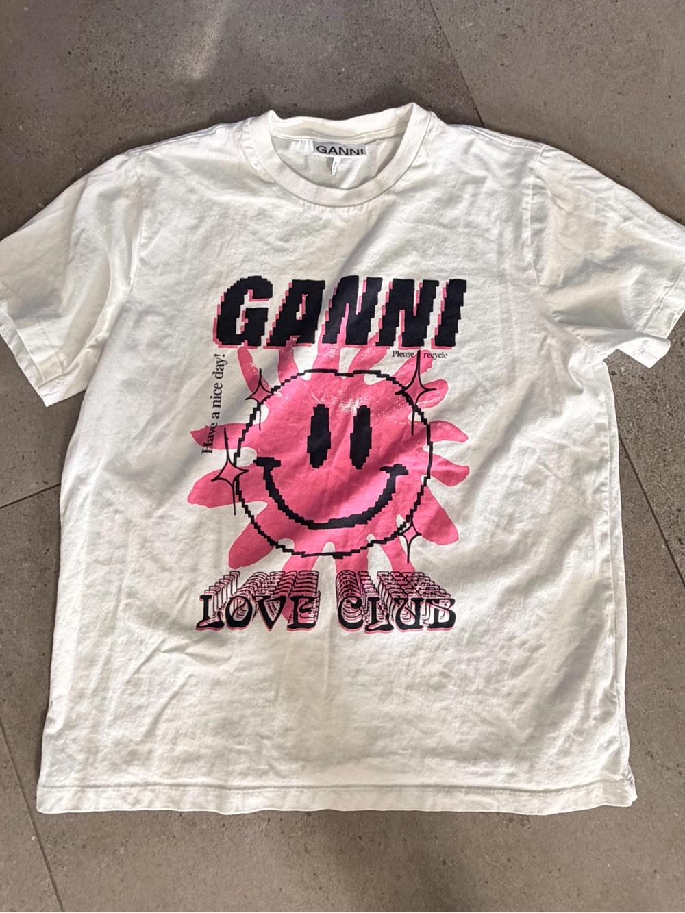 Ganni White Tee with Pink Smiley 'Love Club' Graphic